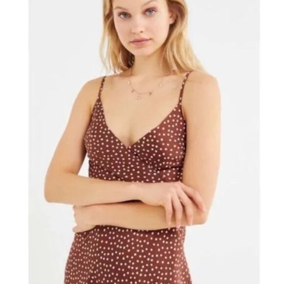 Urban Outfitters Womens Midi Slip Dress Large Brown Satin Polka Dot Front Slit - Picture 2 of 12